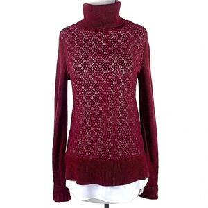 SIMPLY VERA Vera Wang Mock Layer Shirt Turtle Neck Laced Sweater Size M Burgundy